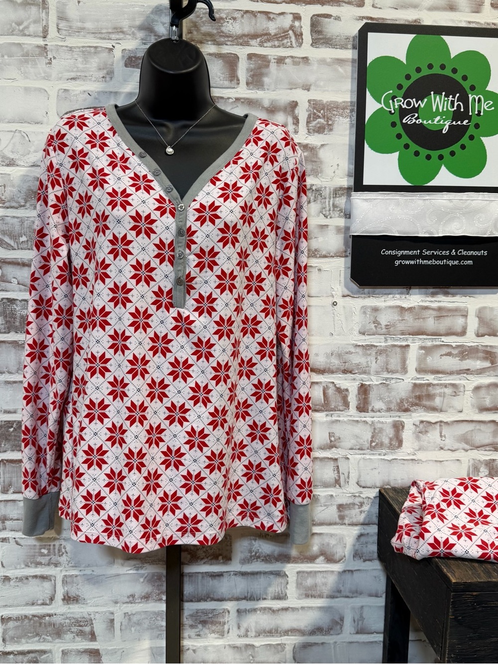 Women’s Red and White Holiday Henley Pajama Top with Gray Trim and matching pant